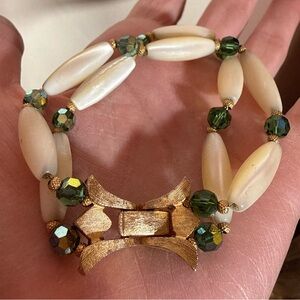 Napier Vintage 1940 retro art deco MOP Teal Crystal double strand wide bracelet